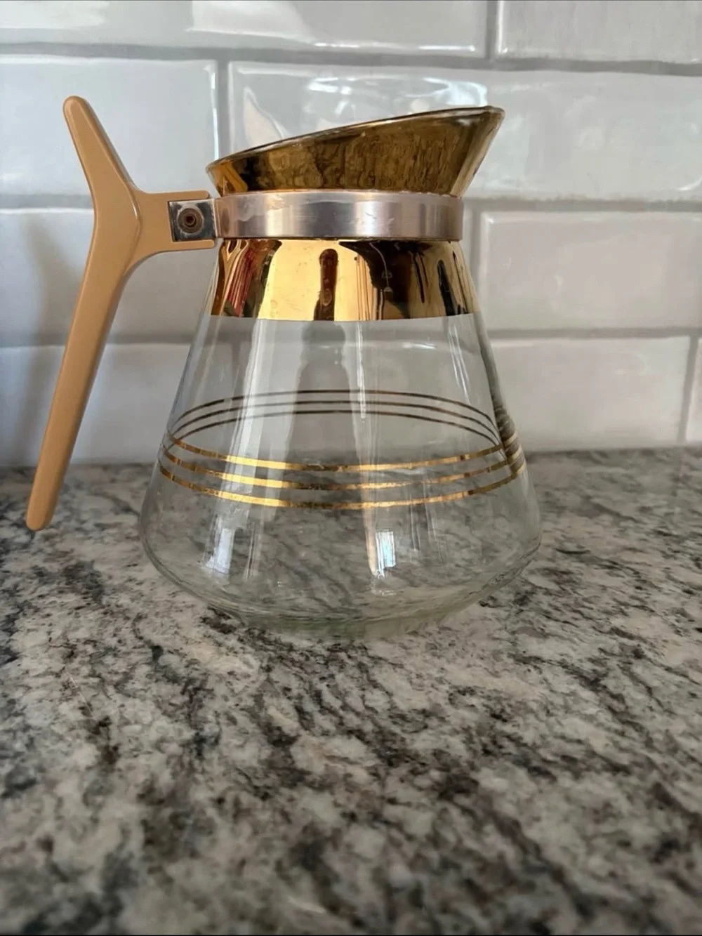 Gold-Trim Glass Coffee Carafe with Beige Handle Retro
